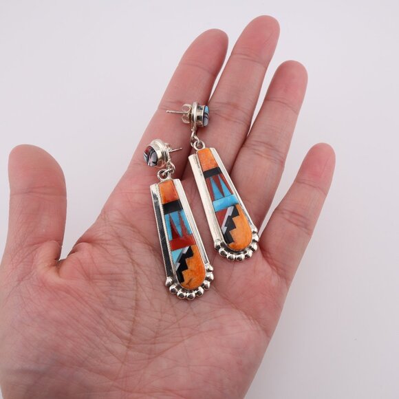Handcrafted Native American Zuni Sun Face Inlay‎ Spiny Oyster Dangle Earrings ** - Picture 5 of 12